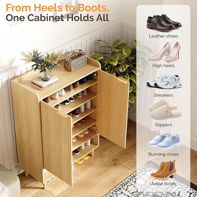 VINGLI Shoe Cabinet with Fluted Doors, 6 Tier Large Wooden Entryway Shoe Storage Cabinet with Adjustable Shelves,44.5" Tall Modern Freestanding Shoe Rack Organizer for Entryway, Hallway, Closet,Oak