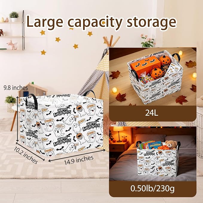 NTAO Gift Storage Basket Empty for Halloween, Storage Bin with Handles, Room Decor, Book Box(Spooky Ghost)