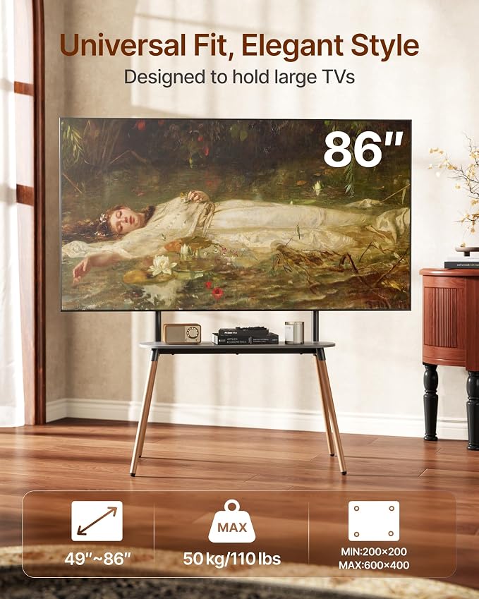 4-Leg Easel TV Stand for 49-86" TVs, 110 lbs, Black | Height-adjustable floor TV stand, storage shelf, cable management and protective pads for living room, office or school