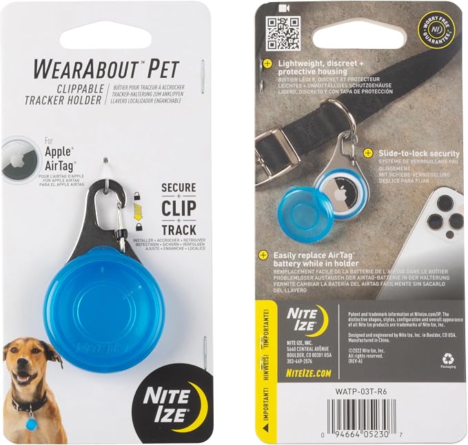 Nite Ize Wearabout Pet Clippable Tracker Holder - Compatible with Apple AirTag - Pet Tracker Keychain & Carabiner Clip - Lightweight Holder with SlideLock Case, Steel Clip & Wire Gate - Blue (2 Pack)