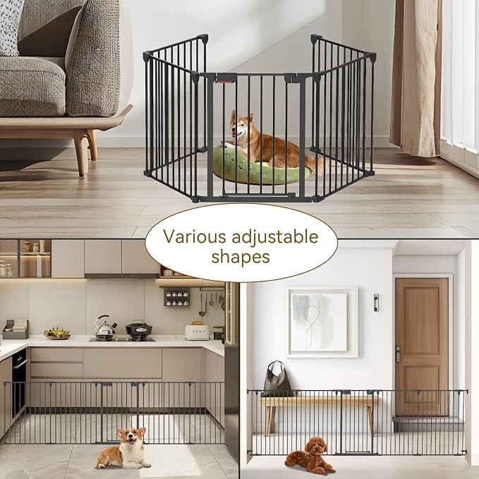 Kfvigoho Dog Gate 27.5"-129" Extra-Wide Playpen, Freestanding Pet Gate | Puppy Fence with Auto-Close Door, Double Locking System for Fireplace, Foldable Black, 5 Panels