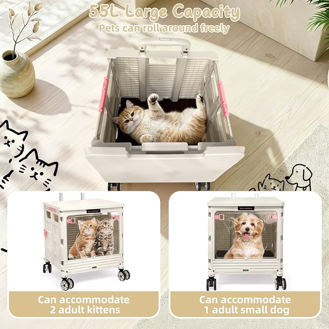 2-in-1 Foldable Shopping Cart & Rolling Pet Carrier, 55L Collapsible Utility Cart with Wheels, Pet Carrier with Telescopic Handle for Cats & Small Dogs, Portable Grocery Cart for Picnic, Travel-Grey