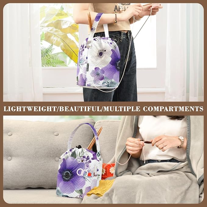 Tatenale Crochet Bag Yarn Bag Knitting Project Bag with Pockets and Handle Portable Yarn Storage Organizer Tangle Free 8.3x11 InchBlue and White Silver Lotus Flowers and Berries20