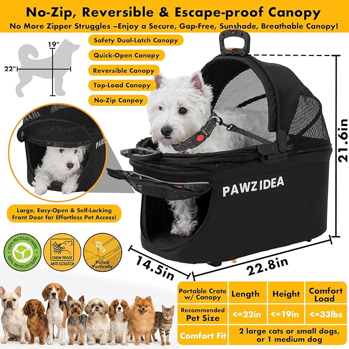 PAWZIDEA Pet Stroller 4-in-1, Foldable Dog Stroller with Detachable Carrier | Escape-Proof No-Zip Canopy, Portable Travel Crate & Car Seat Combo, for Small to Medium Dogs & Cats up 33 lbs, Storage Basket