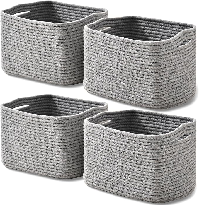 ICERZCZ Small Storage Baskets for Shelves Organizing, Woven Cotton Rope Baskets for Storage, Book Basket, Decorative Shelf Basket, 12.5"Lx9.1''Wx7.9''H (4 Packs) Grey