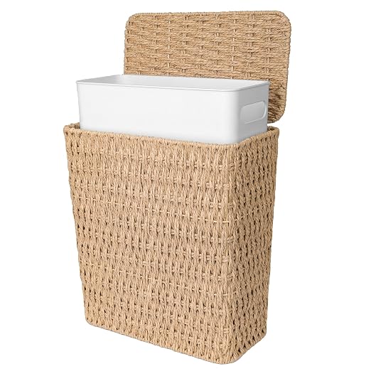 Wicker Trash Can,3 Gallon Bathroom Trash Can with Lid,Handwoven Paper Rope Rattan Waste Basket with Removable Liner and Built-in Handles for Bedroom,Toilet,Narrow Spaces,Natural