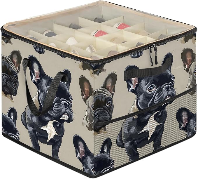 TropicalLife French Bulldog Shoe Organizer for Closet | Foldable Shoe Storage Box Bin 16-32 Pair Shoe Storage for Sneakers, Boots & Heels with Adjustable Dividers, Clear Cover