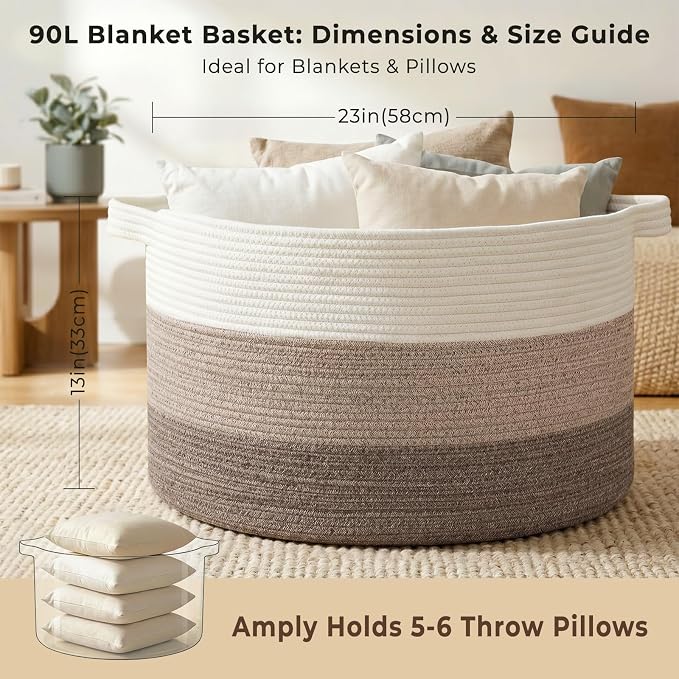 OIAHOMY 90L Extra Large Blanket Basket - Decorative Cotton Rope Storage Basket for Bedroom, Living Room & Nursery - Woven Laundry Hamper for Organizing Blankets, Clothes & Toys - Gradient Brown