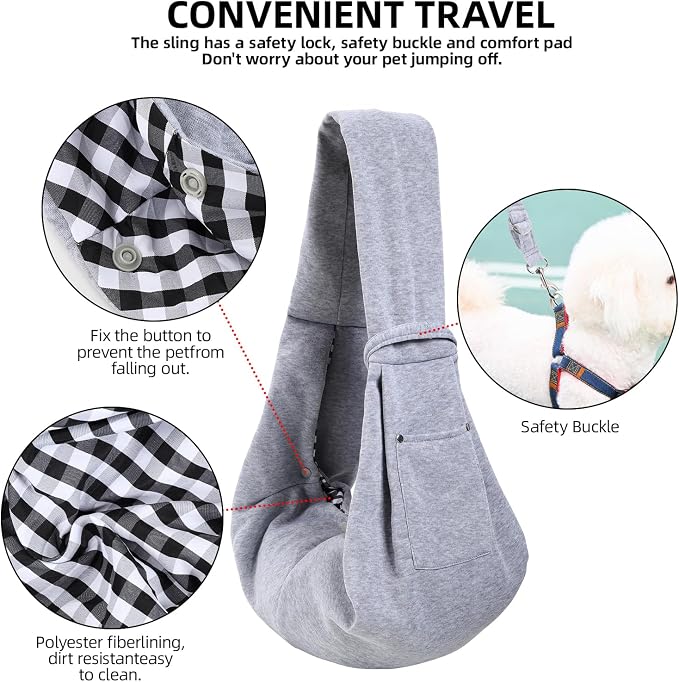 Dog and Cats Carrier Sling, Puppy Small Pet Carrier with Storage Pocket | Reversible Dog Sling Carrier, Safety buckle, Storage Pocket, Machine Washable for Travel, Outdoor Activities, Hand-Free, Gray