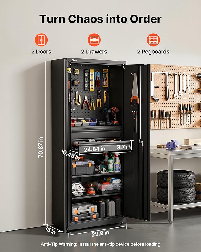 VEVOR Metal Storage Cabinet, 180 lbs Shelf Load Capacity, 70.87" Tall Garage Tool Storage Cabinet with 2 Locking Doors, Adjustable Shelves, 2 Drawers, Pegboard, for Garage, Home, Office, Utility Room