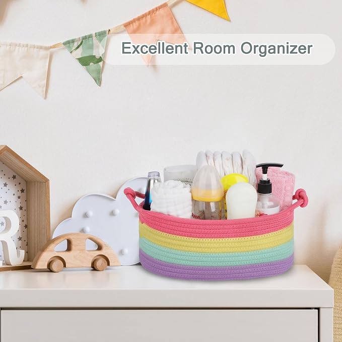 COMSE Small Gift Basket Empty with Bag & Ribbons, Rainbow | Cotton Rope, 12"x 8"x 5", Pet Toy Storage Organizer, Woven Basket for Birthdays, Baby Showers, Mother’s Day, Valentine’s Day