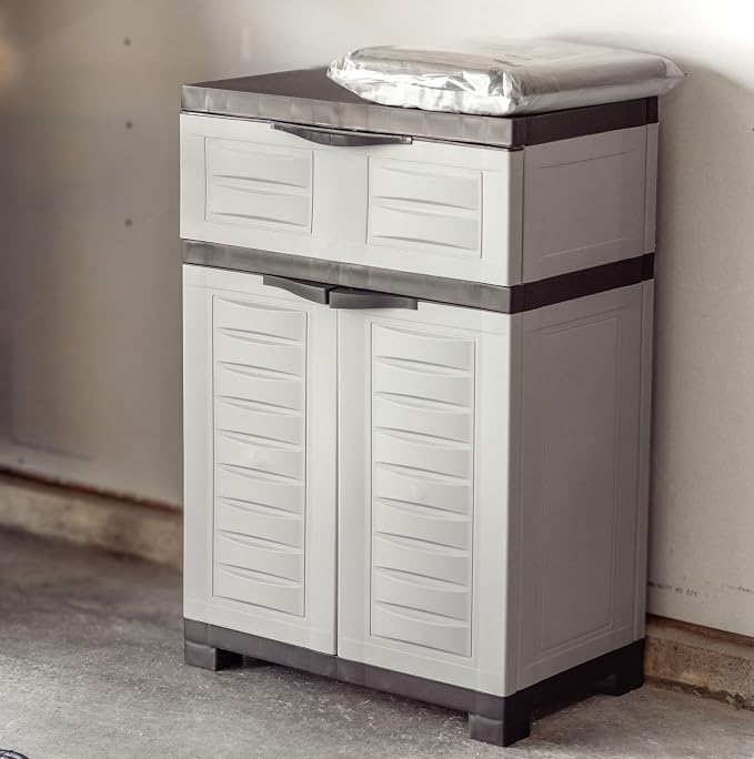 Sunnydaze 34.5" Garage Storage Cabinet with Adjustable Shelf, Gray | Heavy Duty Resin Storage Cabinet Resists Rust & Peeling, Utility Cabinet with Drawer & Anti-Tip Kit for Laundry, Office