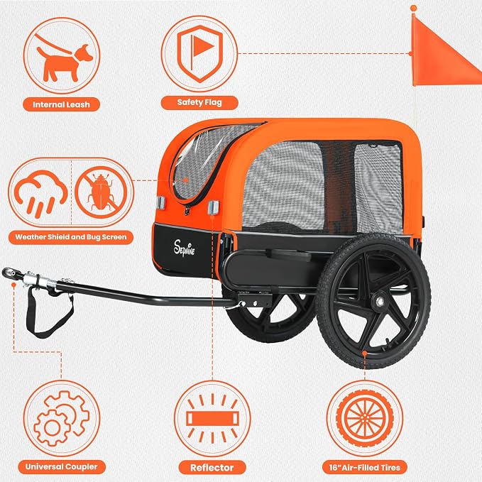 Dog Bike Trailer, Dog Cart for Bicycle, Suitable for Small and Medium Pets, Easy Folding Cart Frame, Quick Release Wheel, Non-Slip Floor, Internal Leash, 66LBS Orange