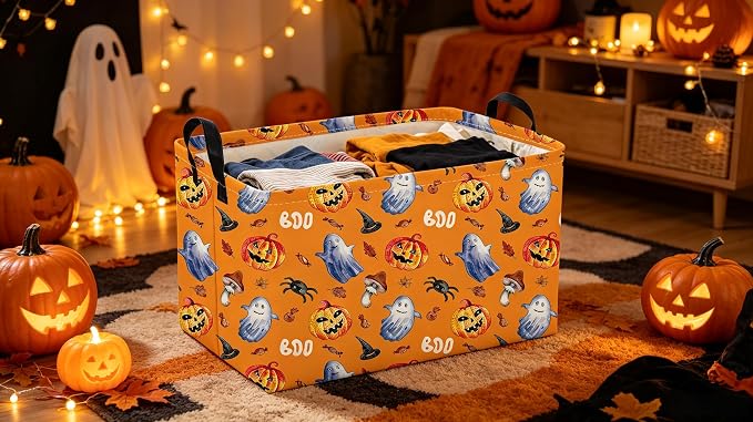 Sanjiaofeng Rectangular Halloween Horror Ghost Storage Basket,Terrifying and Thrilling Party Basket,Halloween Candy Storage Baskets with Handles(Scary Pumpkin)