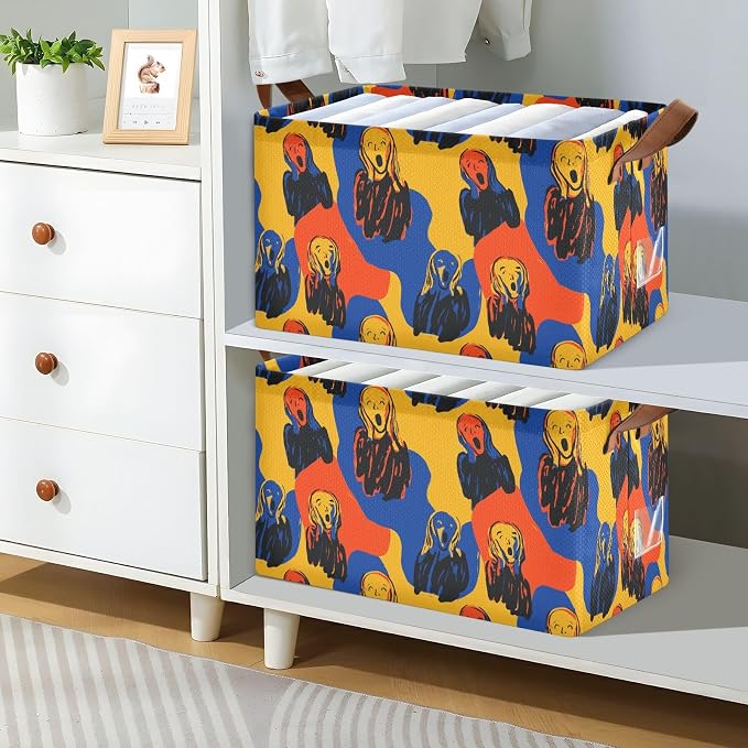 Oil Painting Art The Scream Storage Basket Foldable Cube Storage Bins with Handles&Label Waterproof Collapsible Organizer Box Bin Large Rectangle Decorative Baskets for Shelves Home Room Laundry