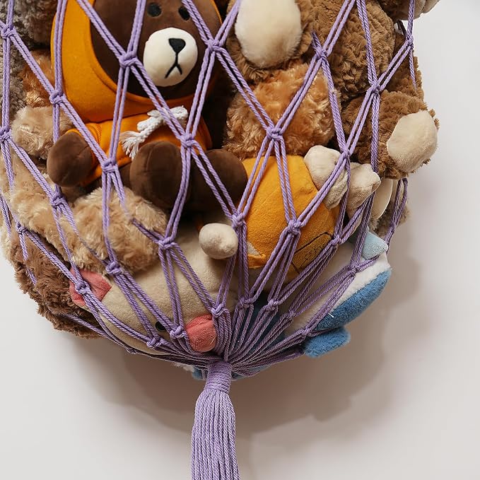 Stuffed Animal Net or Hammock Corner or Wall Hanging Net for Plush Toy Storage Boho Macrame Toy Display Nursery Bedroom Decor Stuffy Animal Toy Organizer (Purple)