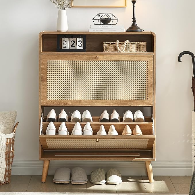 Rattan Shoe Cabinet with 2 Flip Drawers, 16 Pairs Narrow Shoe Storage Cabinet for Entryway Freestanding Hidden Shoe Rack, Modern Slim Wood Shoe Organizer for Hallway, Natural