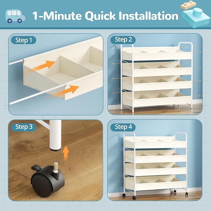 Kids Toy Storage Organizer with 4 Shelves & Wheels for Playroom | White, Large Size, Steel Frame & Oxford Fabric, Rolling Casters with 2 Locks, Safe Rounded Edges, Easy Assembly