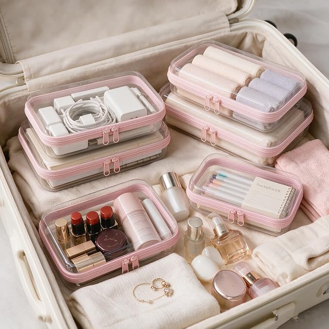 4 pcs Clear Hard Shell Zipper Case, Water-Resistant Travel Makeup Bag, Diaper Bag Organizer Pouches,Clear Toiletry Bags (Pink)