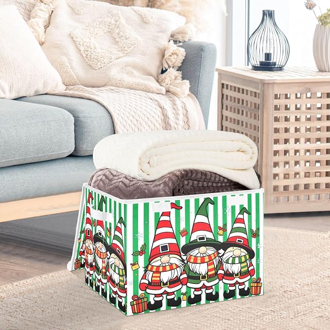 Christmas Stripe Fabric Storage Bins with Lid Closet Storage Basket 40L | Decorative Storage Boxes, Foldable & Stackable, Dust-Proof Flip Top, Reinforced Handles, For Home & Dorm, Clothes & Toy Box