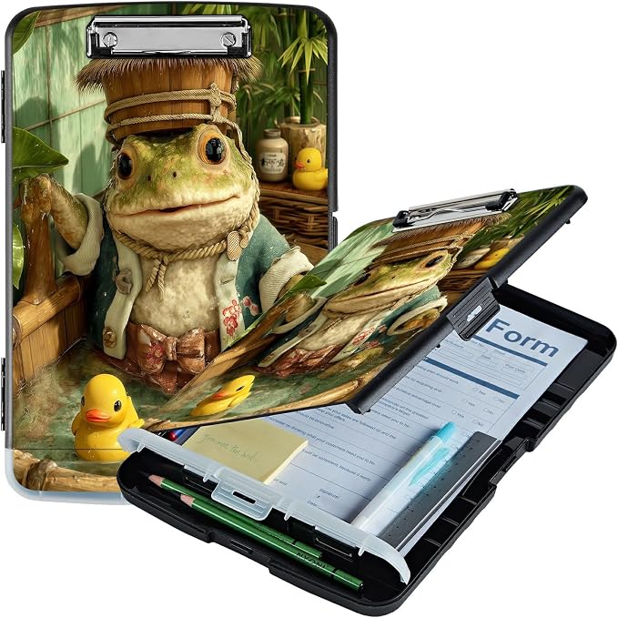 A4 Clipboard with Storage Pen Holder, Clipboards Organizer Nursing Clipboard Foldable File Folder Plastic Clipboard Folio Clip Board for Office Work Classroom Doctor, Bathing Frog