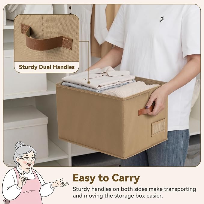 GRANNY SAYS Closet Storage Bins with Label, Brown, Large, 3-Pack | Fabric Storage Bins with PU Handles, Closet Organizers and Storage Bins, Decorative Storage Boxes for Clothes