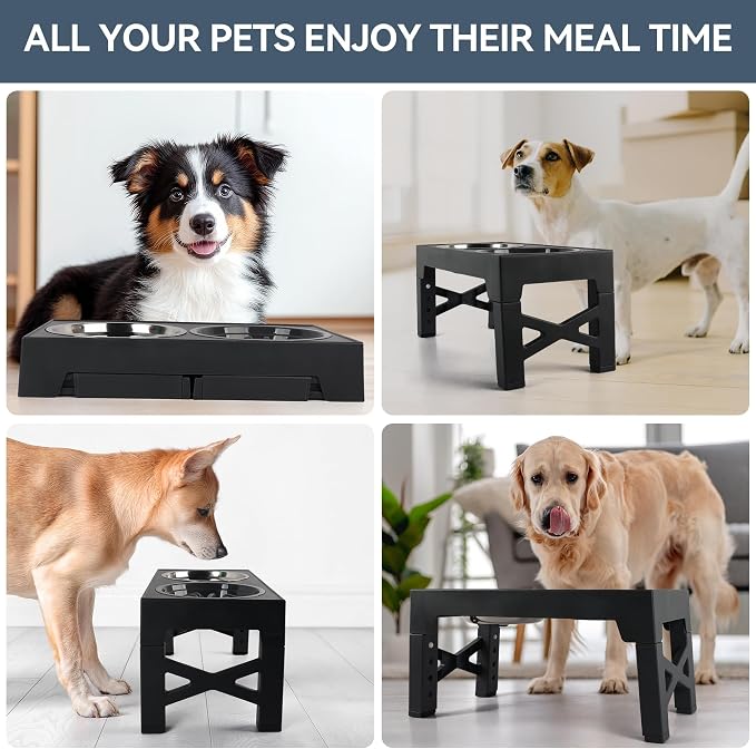 PAWISE Elevated Dog Bowls, Raised Dog Bowl with Slow Feeder Bowl & Stainless Steel Bowls, 5 Heights Adjustable Dog Feeding Bowl Stand for Small Medium Large Dogs, Food Dishes with Non-Slip Feet