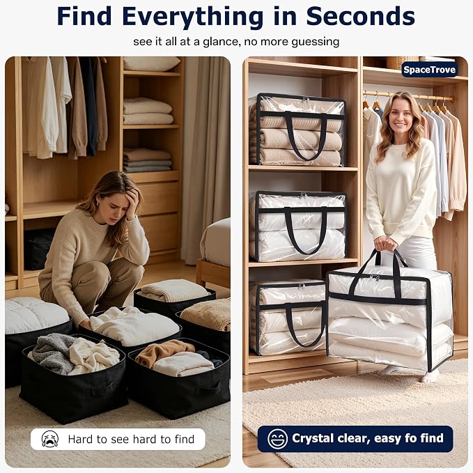 SpaceTrove Clear Storage Bags, 4-Pack Under Bed and Closet Organizers 40L | Clear PVC bags with zippers and handles, foldable waterproof moving bags store comforters, blankets, bedding, clothes and toy