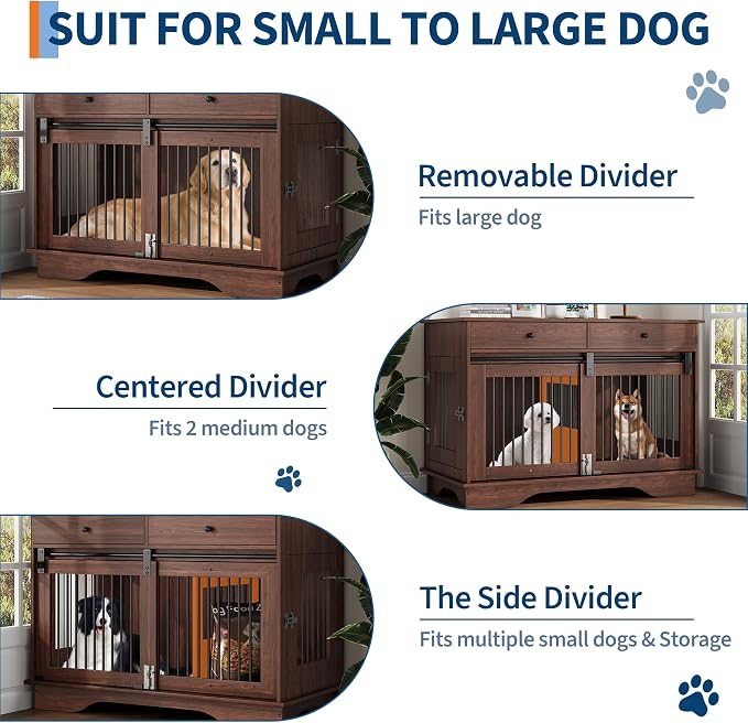 Dog Furniture Crate, 47" Large Dog Crate Furniture w/ 2 Storage Draws & Removable Divider for Large/Medium/Small Dogs