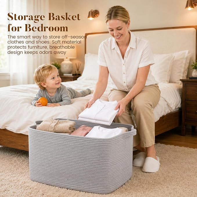 65L Large Woven Blanket Basket for Living Room, 19.7"x15.7"x11.8" | Nursery Laundry Hamper with Handle for Organizing Blankets, Pillows, Toy Storage With Handle, Large Baskets for Organizing