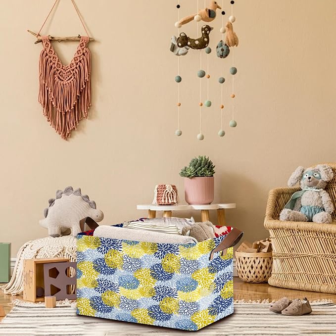 Floral Chrysanthemum Storage Basket Large 17x11.5x10.5 Inche-Collapsible Fabric Organizer Bin with Handles for Seasonal Decor,Living Room,Porch-Decorative Hamper with Elegant Blossom Pattern-1 Pack