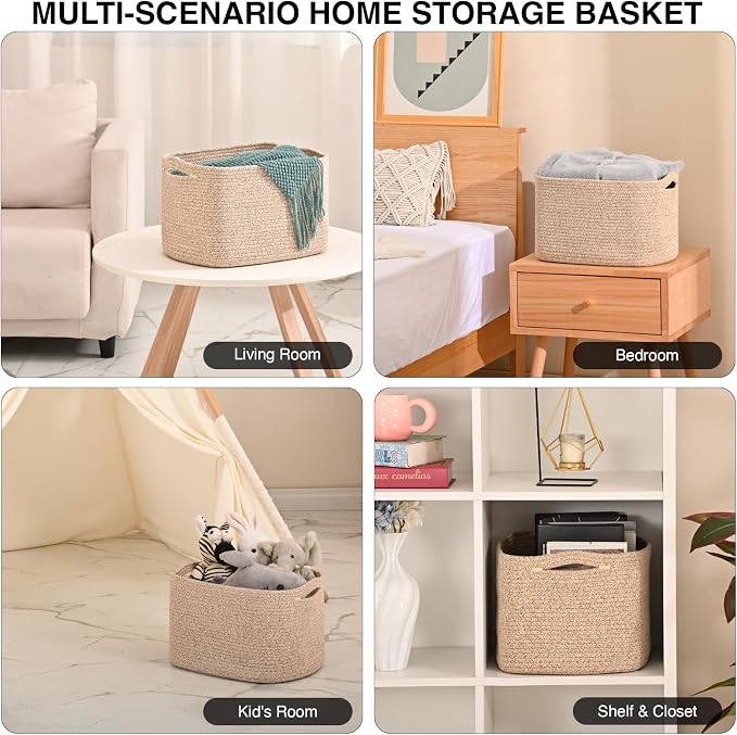 ICERZCZ Woven Cotton Rope Storage Basket for Organizing, Cute Decorative Baskets for Gifts Empty, Organizer Bins for Dog Toy, Baby Laundry, 15“×11”×9.5“, Brown