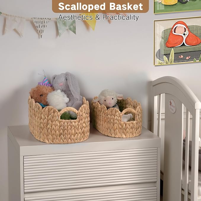 iEGrow Scalloped Wicker Basket, Set of 2 Hand-Woven Natural Rattan Baskets with Built-in Handles, Water Hyacinth Storage Oval Cute Baby Baskets for Nursery, Organizing, Decor and Shelves