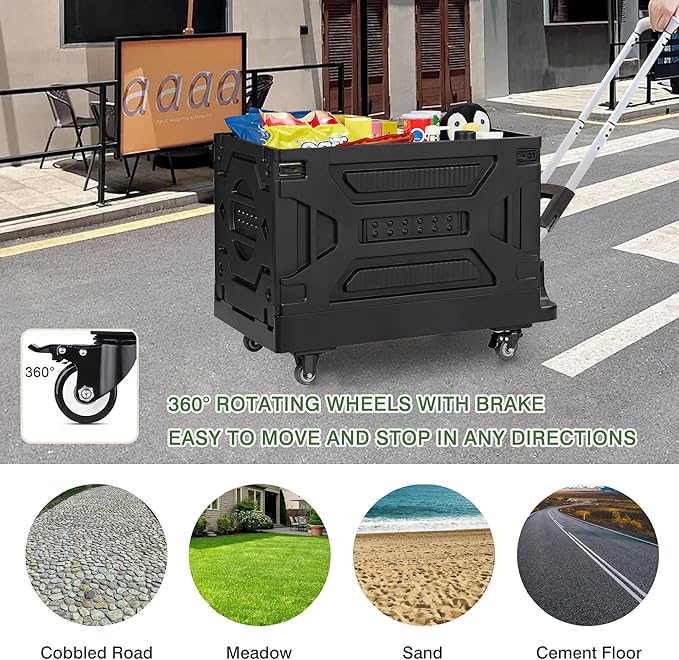 VECELO 23 GAL 2-in-1 Foldable Shopping Cart, Collapsible Utility Cart with Adjustable Handle & 360° Wheels, Dual-Mode Rolling Crate (Basket/Flatbed) for Groceries, Camping, Compact Storage, Black