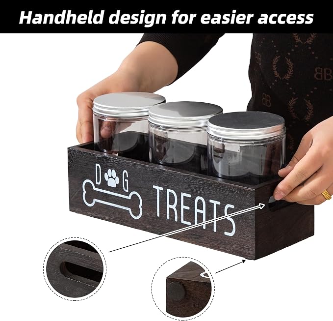 Dog Treat Container Wood Cat Treat Holder for Counter Cat Treat Organizer Dog Food Storage Organizer with 3 Dog Cookie Jars Farmhouse Decor Box Brown