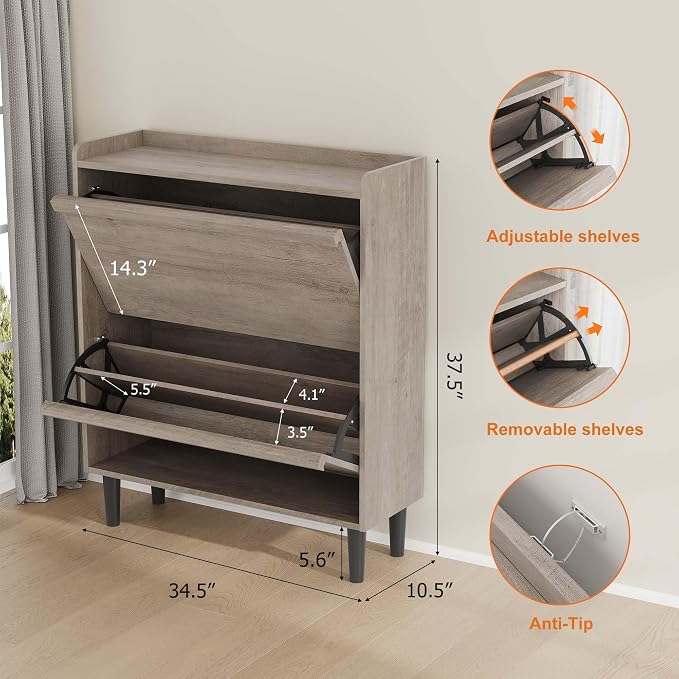 GarveeHome Shoe Cabinet with 2 Flip Drawers, Wooden Shoe Organizer Cabinet with Adjustable Shelf, Shoe Storage for Entryway, Hidden Shoe Cabinet for Hallway, Living Room, Grey