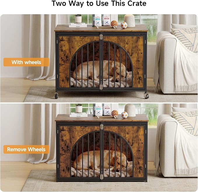 ONBRILL 43" Heavy Duty Foldable Dog Crate Furniture, Large Dogs, Brown | Fold it away when needed, while easy-glide wheels and spring locks add convenience to everyday use