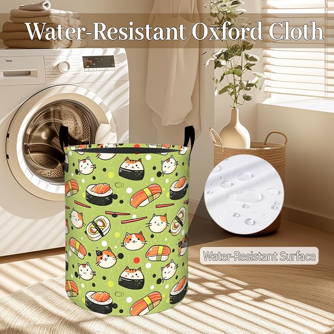 Cute Sushi and Cat Laundry Basket, Kawaii Food Foldable Oxford Cloth, Waterproof Dirty Clothes Hamper with Handles, Clothing Storage Bin Toy Organizer for Bedroom Dorm Bathroom, 19.7"x15.7"