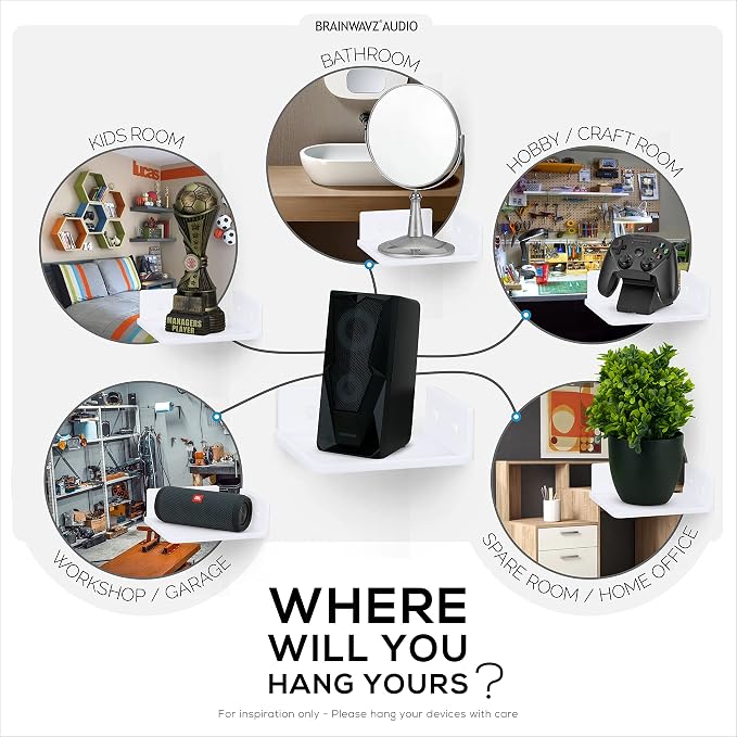 BRAINWAVZ 6.5" Corner Shelf Mount for Speakers, Cameras, Baby Monitors, Plants, Books Electronics, Collectibles & More, Adhesive & Screw in Floating Shelves (White)