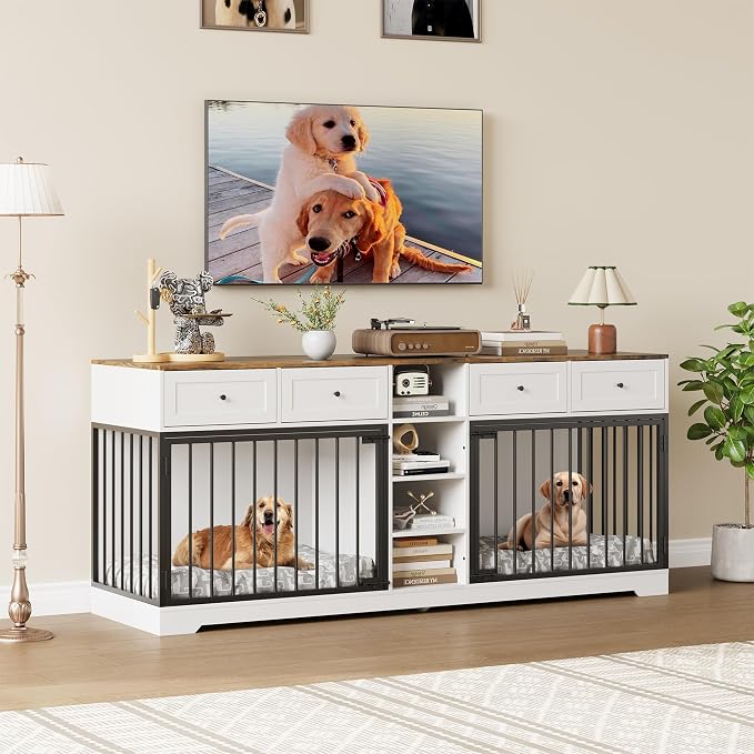 Dog Crate Furniture for 2 Dogs, Double Dog Crate TV Stand, White | 82" Large Dog Kennel Indoor with 4 Storage Drawers and 4 Shelves, Suitable for Small, Medium and Large Dogs