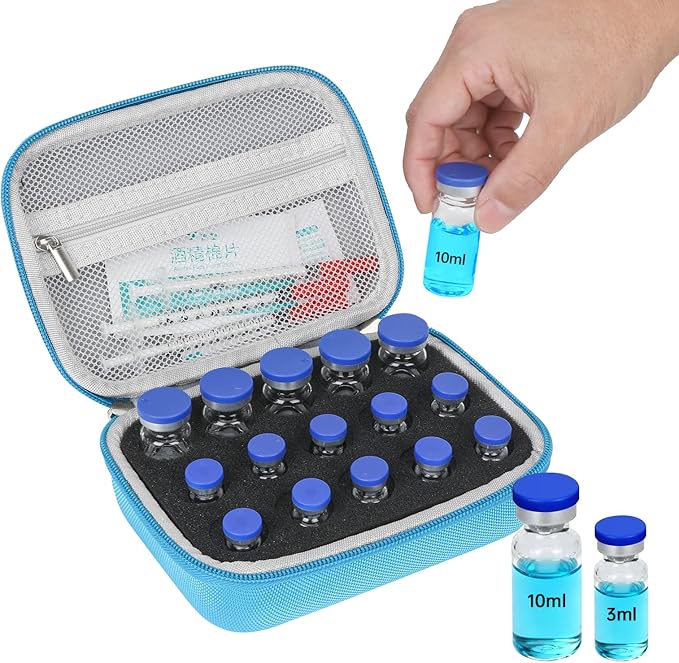 Peptide Case for Fridge - 15 Slots, Insulin & Peptide Vials Storage Case for 3ml 5ml 10ml Vials, Adjustable Travel Safe Organizer, Fit for Diabetics, Weight‑Management (Blue)