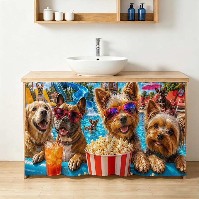 Summer Dog Sink Skirt for Bathroom, Self-Adhesive Under Sink Curtain, Summer Fantasy Pets Juice Popcorn Pool Country Hide Pipes & Storage Fabric Cabinet Skirt Cover for Kitchen Laundry 32"x55"
