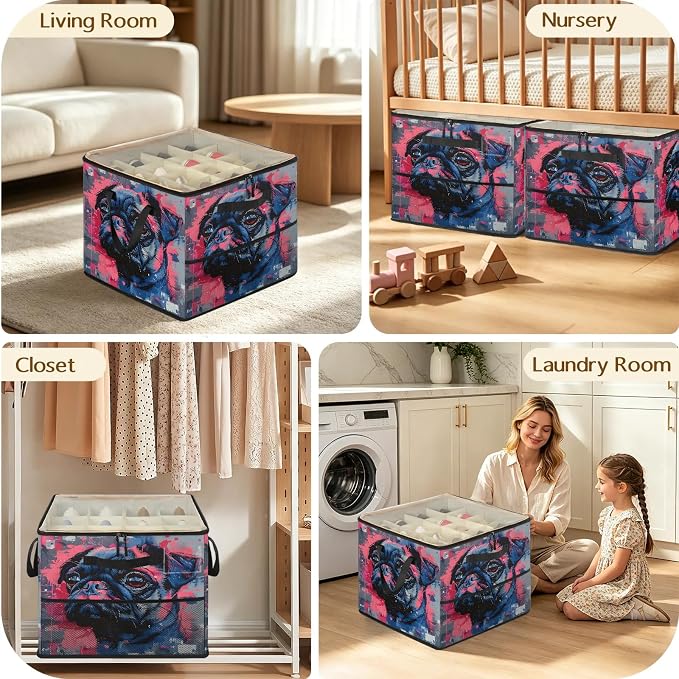 TropicalLife Pug Dog Shoe Organizer for Closet | Foldable Shoe Storage Box Bin 16-32 Pair Shoe Storage for Sneakers, Boots & Heels with Adjustable Dividers, Clear Cover