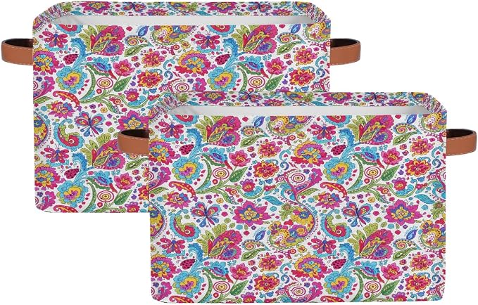 AUUXVA Storage Basket Colorful Paisley Flower Floral Storage Cube Box Durable Canvas Collapsible Toy Basket Organizer Bin with Handles for Shelf Closet Bedroom Home Office
