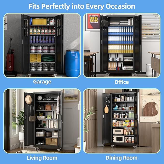 Reemoon Metal Storage Cabinet with Wheels and Pegboard, 71 in, Black | 18 in deep steel cabinet with 5 adjustable shelves, door pegboard, lock, and 4 casters.Required assembly