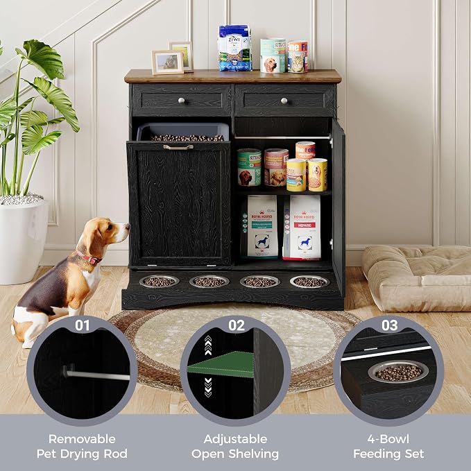 FIMELLO 39.7’’W Dual Doors Dog Food Storage Cabinet, Tilt-Out Dog Feeding Station with 4 Feeding Bowls, Pet Feeder Cabinet, Black Grain