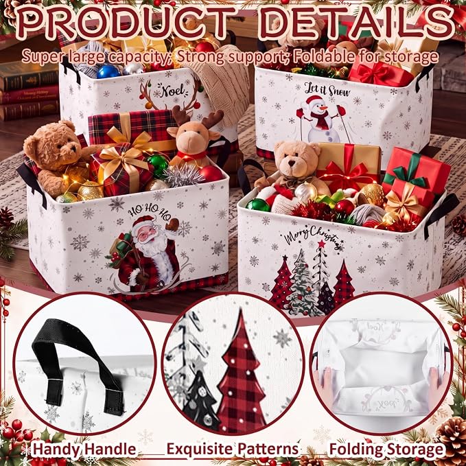 4 Pcs Christmas Storage Basket for Gifts Empty Large Christmas Themed Storage Bins with Handles 15 x 10 x 8 Fabric Laundry Baskets Xmas Collapsible Organizer Boxes for Home Cloth Toys Books