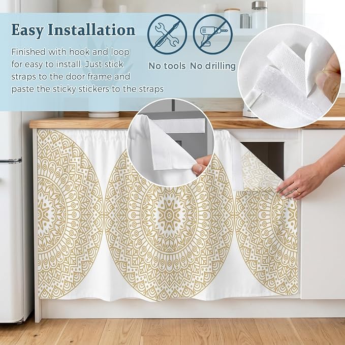 Beige Boho Sink Skirt 11"Wx13"L,Dustproof Under Sink Curtain with Self Adhesive Tape,Retro Farmhouse Ethnic Abstract Geometric Art Cabinet Curtain Cover for Bathroom Vanity,Kitchen Storage Shelf