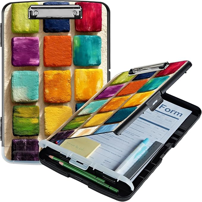 A4 Clipboard with Storage Pen Holder, Clipboards Organizer Nursing Clipboard Foldable File Folder Plastic Clipboard Folio Clip Board for Office Work Classroom Doctor, Watercolor Paint