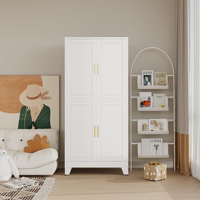 47” White Metal Bathroom Storage Cabinet, Kitchen Pantry Cabinet | Steel Storage Cabinet with Doors and 3 Adjustable Shelves, Bathroom cabinets Organizer, for Home Office, Bedroom